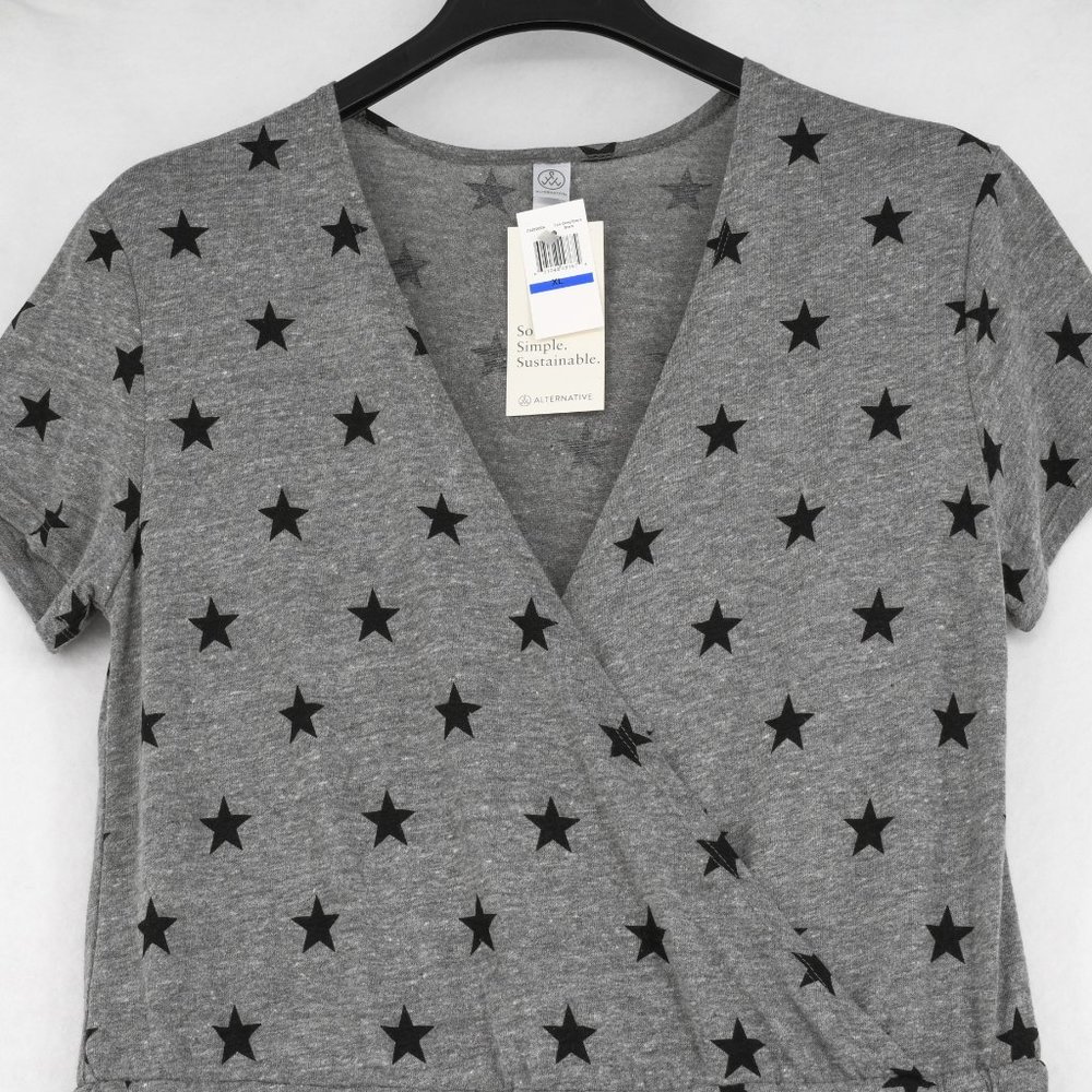 Alternative Jumpsuit Women Faux Wrap V-Neck Star Print Straight Leg Knit Gray - Picture 4 of 7
